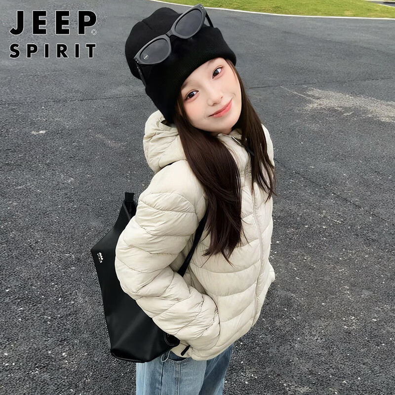 JEEP SPIRIT Jeep ribs down jacket for men and women, winter light and small duck down liner hooded jacket, off-white XL
