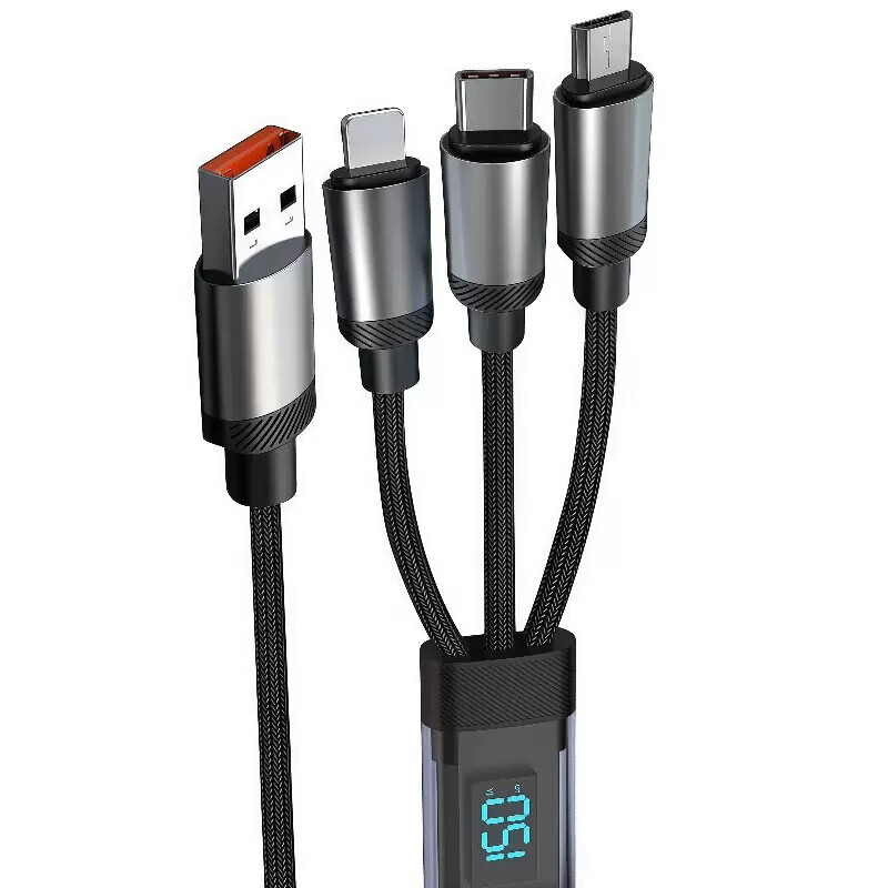 Three-in-one real-time digital display data cable 6A fast charging charging cable type-c one to three suitable for Apple 16/17 Huawei Honor Xiaomi Samsung car charger cable black 1.8 meters 2 pack