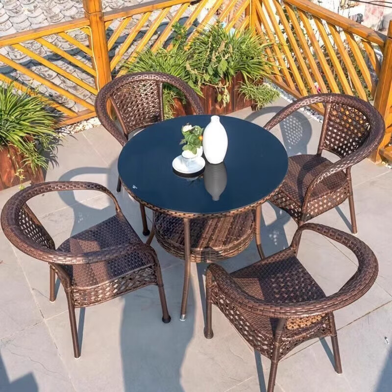 Rattan impression balcony tea table, small tea table, leisure table and chair three-piece set, outdoor open-air rattan chair set, courtyard home tea table, 2 chairs + 58 double-layer round table, free cushions