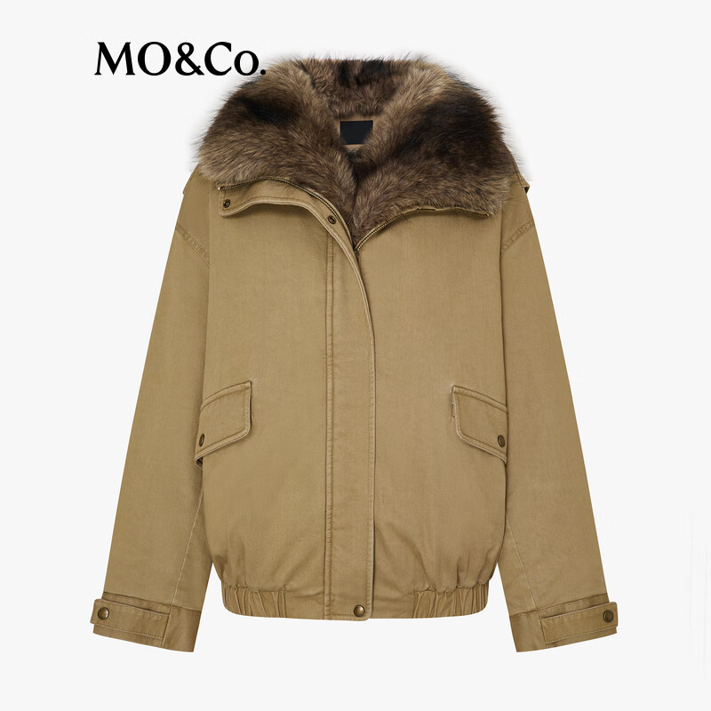 MO&Co. Jacket Filled 2025 Winter New Product Detachable Fur Collar Assute Dyed Khaki Harrington Jacket MBE4COT020 Khaki S /160