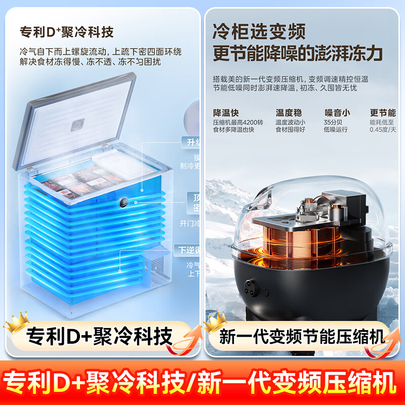 Midea automatic defrost household small freezer 200 liters first-level energy efficiency horizontal refrigeration freezer commercial large capacity ultra-low temperature -30 deep-freezing quick-frozen seafood cabinet 143 liters ultra-low temperature/computer temperature control/minus 40 degrees