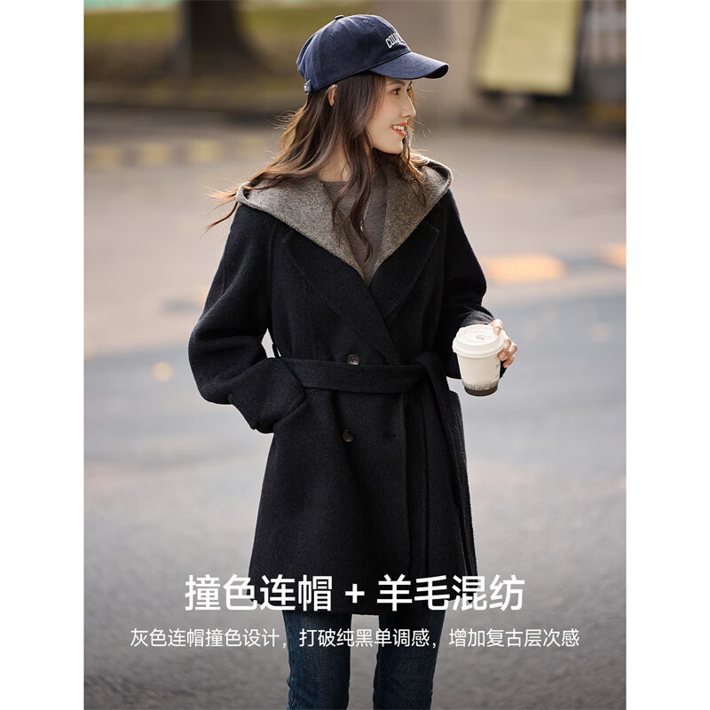 Xinfeiyu contrasting color hooded wool coat for women 25 winter new style high-end fashion temperament double-sided woolen coat for small people