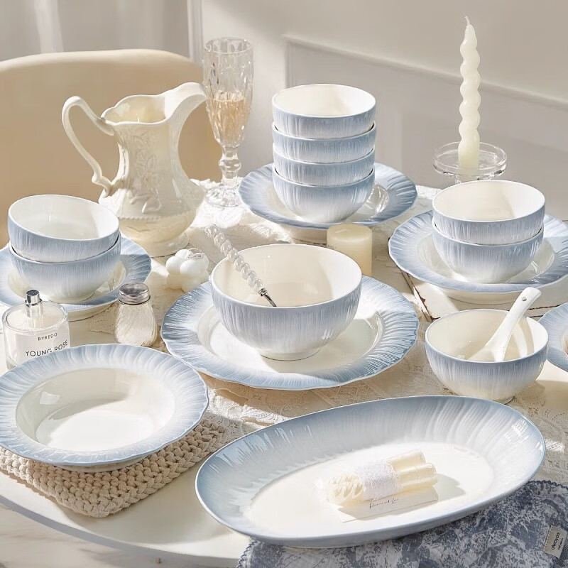 Runhua Nian underglaze color bowl and dish set for home 2025 new tableware, high-looking bowls and plates for moving into a new home, bowls, chopsticks and bowls as gifts, Yaohe, 40-piece set for eight people (microwave dishwasher compatible)