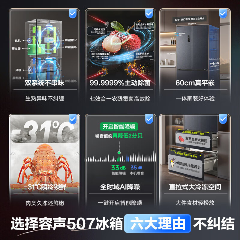 Rongsheng refrigerator 460/502/507 liter French multi-door four-door household ultra-thin zero-embedded first-class energy efficiency air-cooled energy-saving double frequency conversion large capacity bottom cooling refrigerator 507L French zero-embedded independent dual system | IDP active sterilization