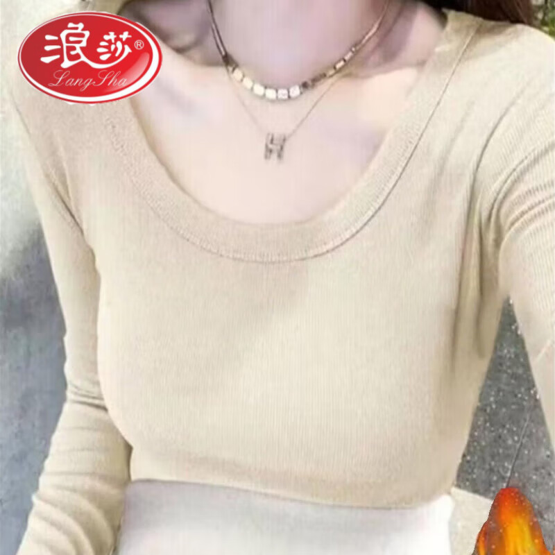 Langsha versatile U-neck long-sleeved T-shirt for women 2026 autumn and winter new slim fit inner layer with velvet and thickened warm base shirt for women, black, velvet, thickened L