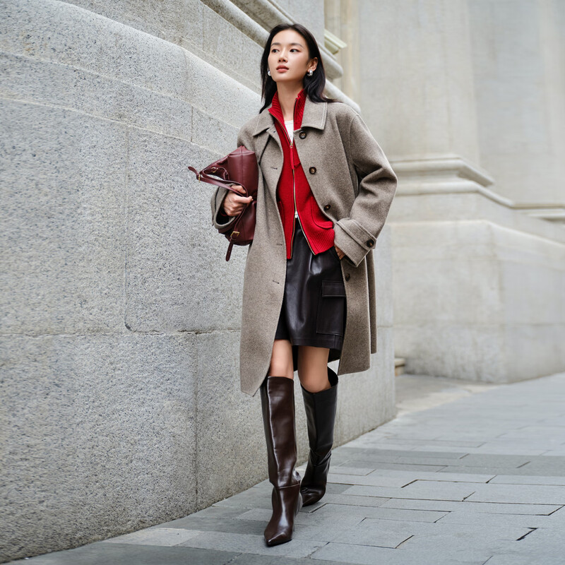 EP Yaying Woolen Coat Women's 100 Pure Wool Quiet Luxury Style Mid-Length Coat Shopping Mall Same Style 8305A Camel S