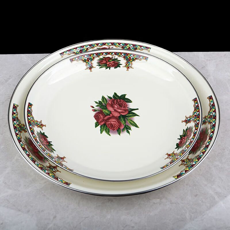 He Jiagong Xinjiang specialty ethnic enamel large plate fruit plate restaurant home round large plate chicken plate beef and mutton classic rose diameter 28cm