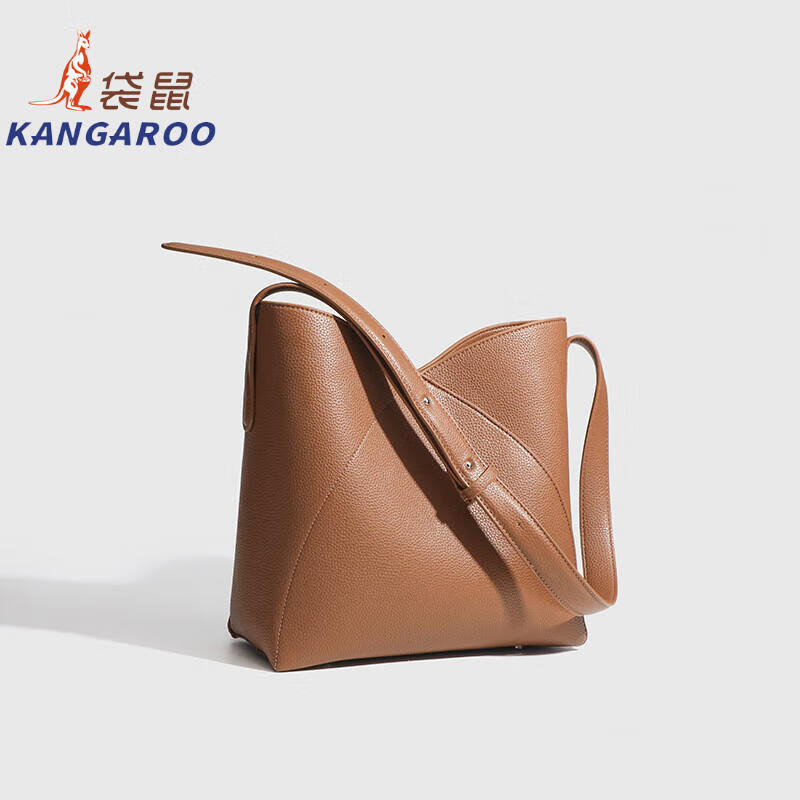 Kangaroo (KANGAROO) launches new niche design single shoulder crossbody bag commuting large capacity portable dual-use casual bucket bag simple and versatile coffee