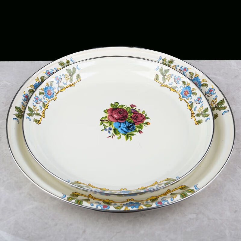 He Jiagong Xinjiang specialty ethnic enamel large plate fruit plate restaurant home round large plate chicken plate beef and mutton classic rose diameter 28cm
