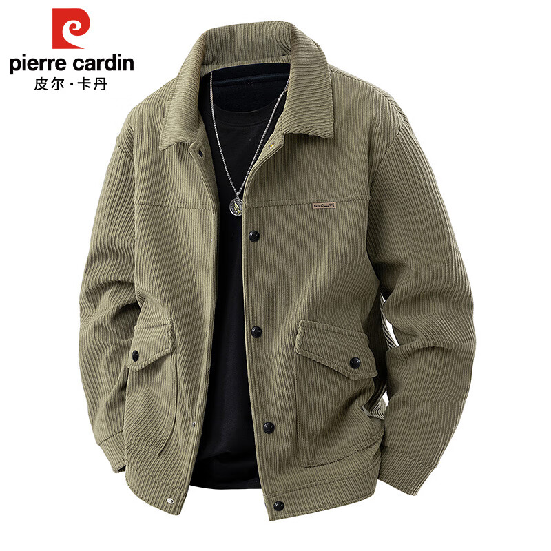 Pierre Cardin corduroy jacket men's autumn and winter workwear trendy loose casual thickened jacket top pea green XL