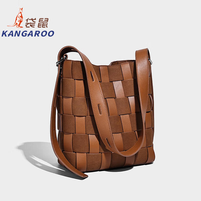 Kangaroo (KANGAROO) new antique style hand-woven bag large capacity commuting bucket bag can be worn on one shoulder, crossbody, under armpit, niche design bag, black 22*10*25CM
