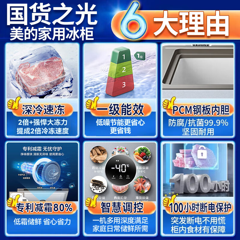 Midea automatic defrost household small freezer 200 liters first-level energy efficiency horizontal refrigeration freezer commercial large capacity ultra-low temperature -30 deep-freezing quick-frozen seafood cabinet 143 liters ultra-low temperature/computer temperature control/minus 40 degrees