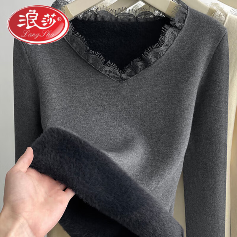 Langsha V-neck lace knitted bottoming shirt for women with velvet and thickened one-piece velvet inner wear new autumn and winter style long-sleeved top winter beige color high quality thickened 2XL recommended 125--145 catties