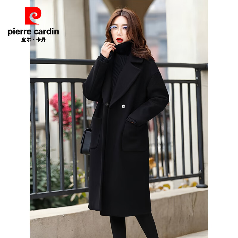 Pierre Cardin Korean style black lapel woolen coat for women autumn and winter plus size women's fat MM220 catties small person thickened woolen coat black woolen thickened S recommended under 90 catties