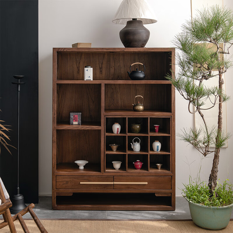 New Chinese style solid wood shelf Duobao Pavilion short Song style aesthetic tea room side cabinet bookcase tea set teapot display cabinet Northern elm walnut color 110x35x145cm