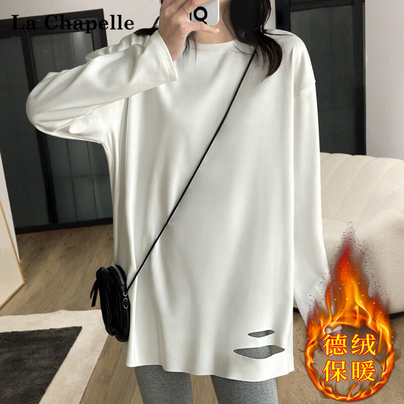 La Chapelle German velvet mid-length bottoming shirt women's autumn and winter sweatshirt with loose butt-covering long-sleeved T-shirt for women white M
