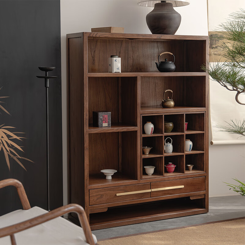 New Chinese style solid wood shelf Duobao Pavilion short Song style aesthetic tea room side cabinet bookcase tea set teapot display cabinet Northern elm walnut color 110x35x145cm