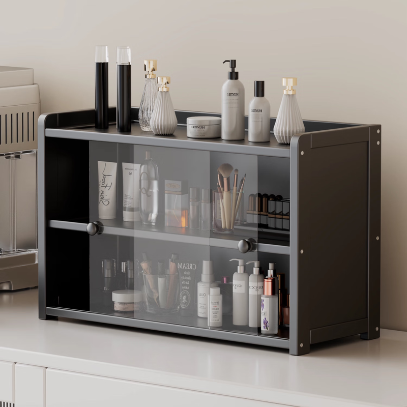 Living room storage cabinet household cup dust-proof storage cabinet tea tea set ornaments storage cabinet cosmetics storage cabinet dust-proof and moisture-proof sliding cabinet door three layers 50cm brown