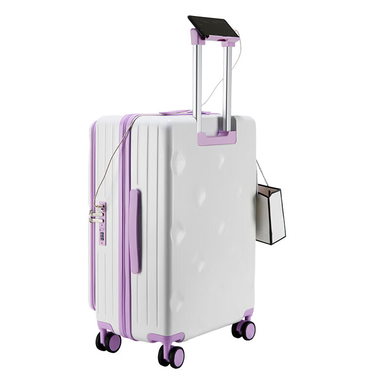 Side-opening suitcase, new multi-functional trolley case, open deep compartment, large capacity boarding case, password box, suitcase, white and purple, 20 inches