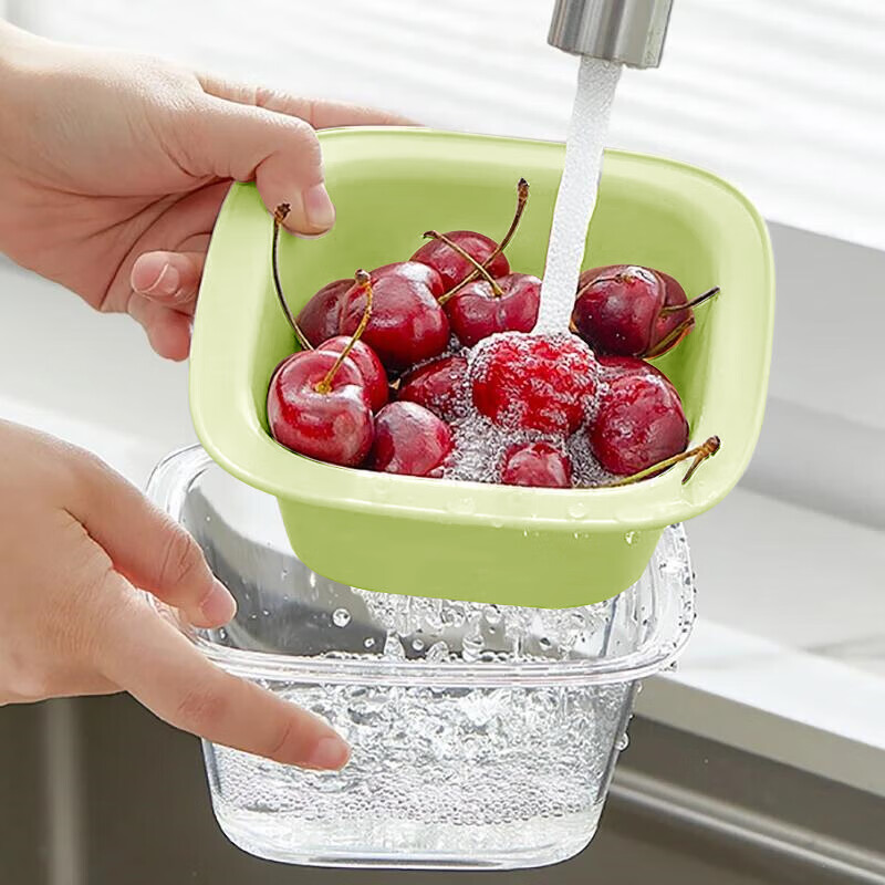 Home KATEI STORY Japanese double-layer drain basket student fruit washing artifact cute mini water filter with small sink food grade double-layer transparent + green