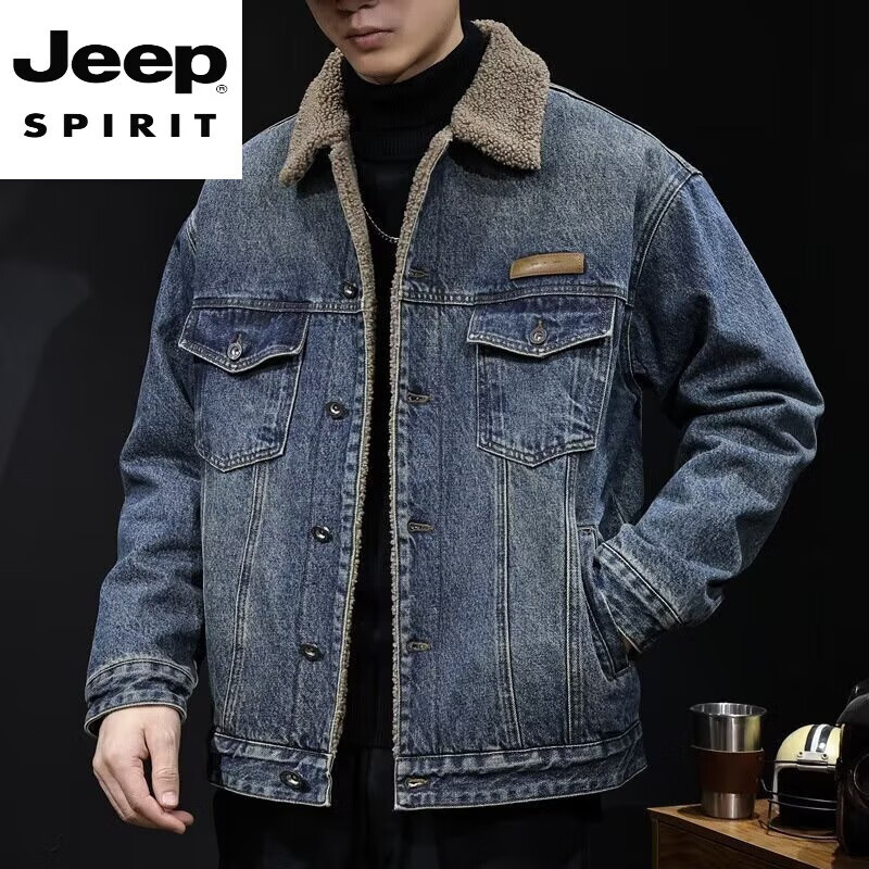 JEEP SPIRIT Autumn and Winter New Loose Lapel Denim Jacket Men's Casual Thickened Polar Fleece Jacket Top Cotton Clothes Upgraded Model 8662S Black L