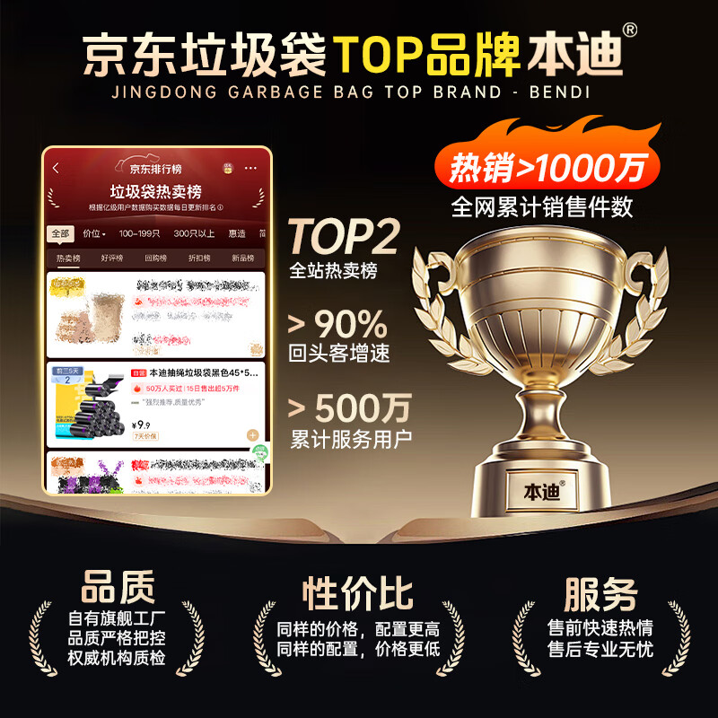 Bendi drawstring garbage bags black 45*50cm*100 pieces 1.2 silk thickened tear-free household cleaning plastic bags