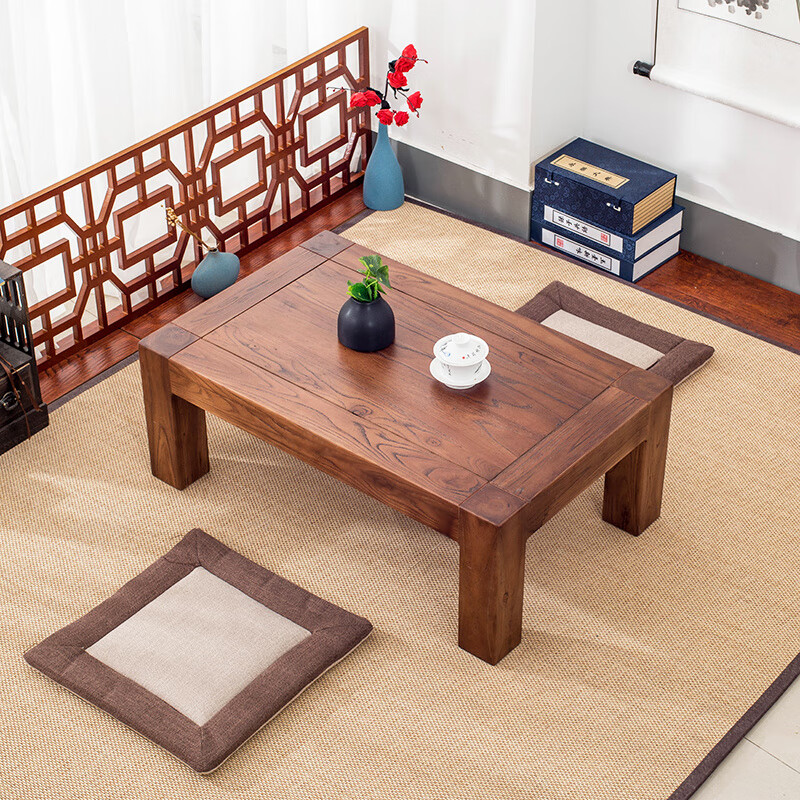 He Jiagong tatami coffee table solid wood bay window small table simple Chinese style kang table elm low table home window sill tea table square table 100*50*30 rosewood color