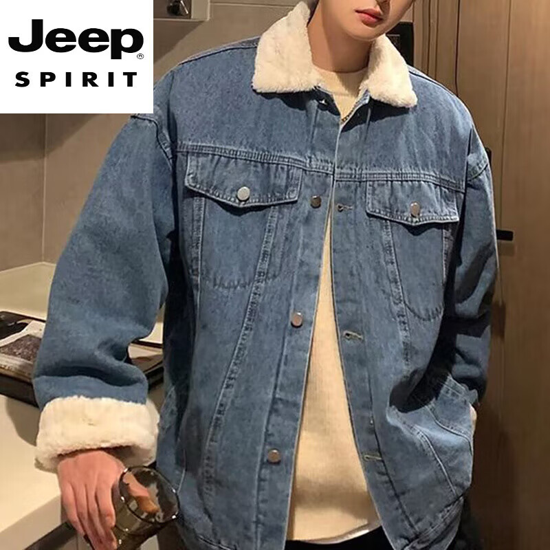 JEEP SPIRIT Autumn and Winter New Loose Lapel Denim Jacket Men's Casual Thickened Polar Fleece Jacket Top Cotton Clothes Upgraded Model 8662S Black L