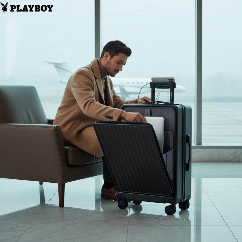 Playboy front-opening multifunctional trolley suitcase for men and women, business boardable travel password box 20 inches black