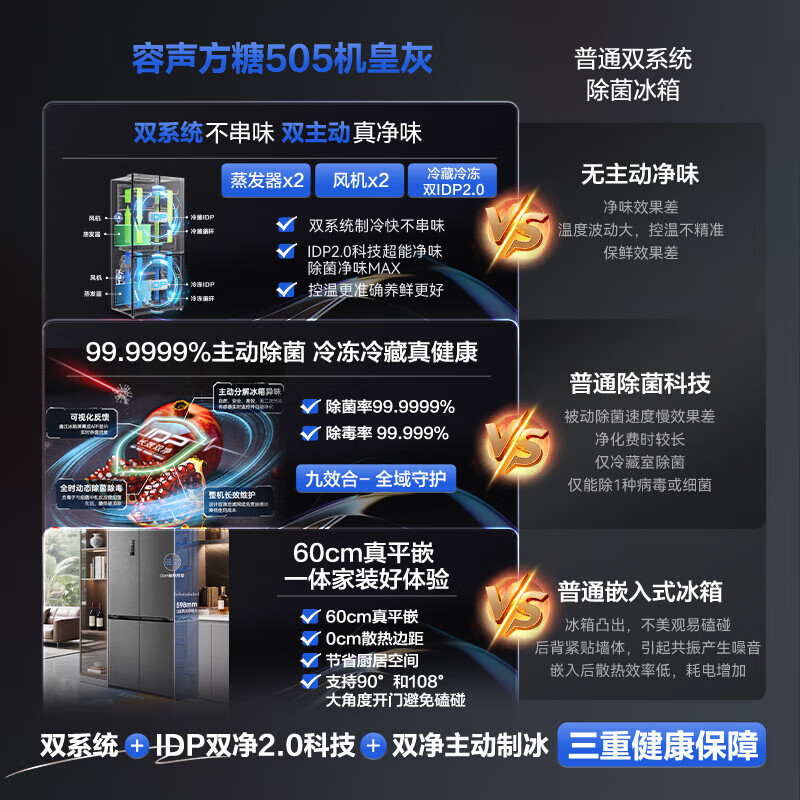 Rongsheng World Cup Customized Sugar Cube 505L Royal Cross Door Refrigerator BCD-505P60CZNAD Dual System Ultra-Thin Zero Embedded Automatic Ice Making Level 1 Energy Efficiency Three-Guarantee Machine Slight Defects