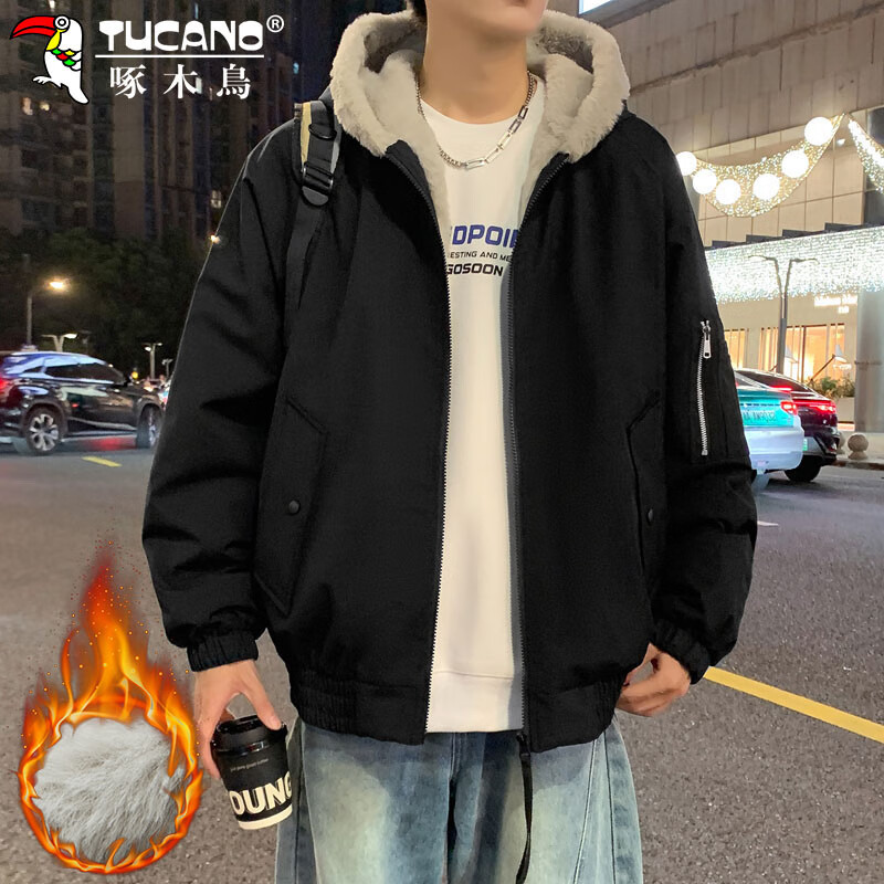 Woodpecker (TUCANO) jacket men's winter velvet thickened warm hooded jacket loose casual cotton clothes men's black L