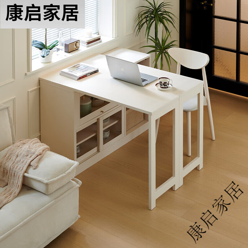 Debon Shangpin sideboard dining table integrated solid wood wall storage cabinet small household French cream style foldable dining table 120*40cm 1 table 2 chairs Windsor chair