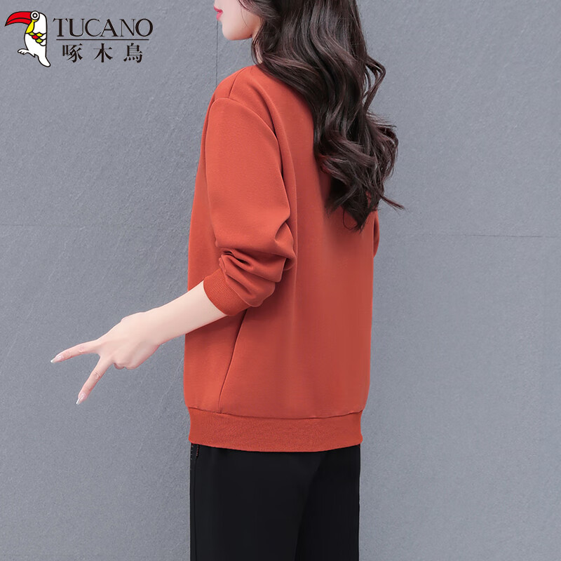 Woodpecker Casual Bottoming Shirt for Women Spring, Autumn and Winter New Style Sweatshirt for Inner and Outerwear Long Sleeve Middle-aged Slim Top Brick Red 2XL