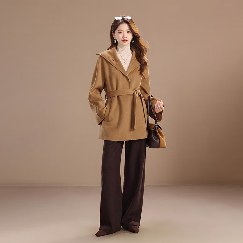 Qianbainian Sheep Wool & Cashmere Double-sided Wool Mid-Length Coat Women's Autumn and Winter High-Quality Lapel Waist Coat Camel L