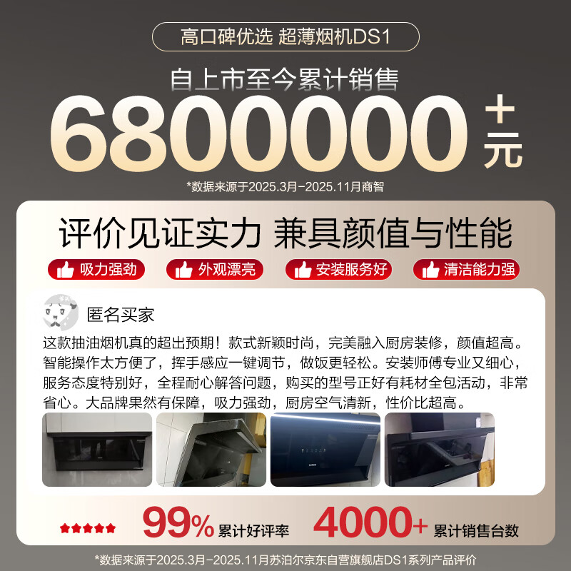 SUPOR ultra-thin zero-sensing DS1 suction range hood 25m suction 3cm ultra-thin panel intelligent frequency conversion wave intelligent control top side double smoker