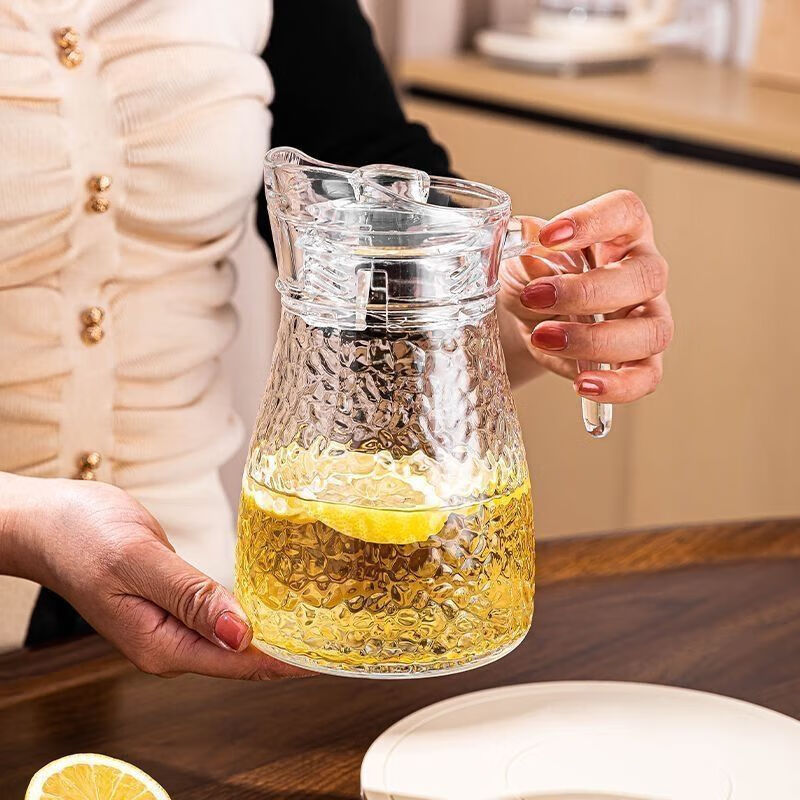 Qinkai Cold Kettle Large Capacity Cold Kettle Handle Juice Teapot Thickened Glass Kettle Cool White 1 Hammered Cold Kettle - Large Capacity 1100ml Thickened Glass