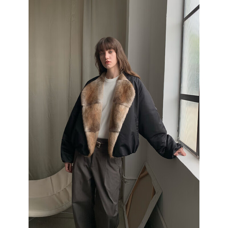 Fu Zhienheer Contract Blogger Style Casual Fashion Contrast Color Patchwork Round Neck Short Parka Jacket New Black S