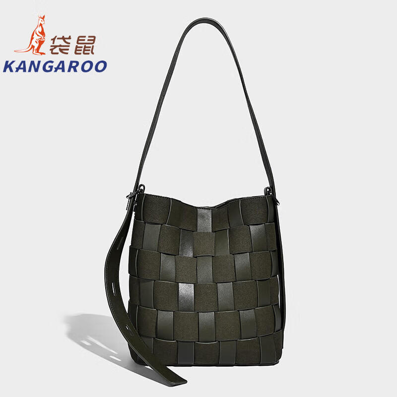 Kangaroo (KANGAROO) new antique style hand-woven bag large capacity commuting bucket bag can be worn on one shoulder, crossbody, under armpit, niche design bag, black 22*10*25CM