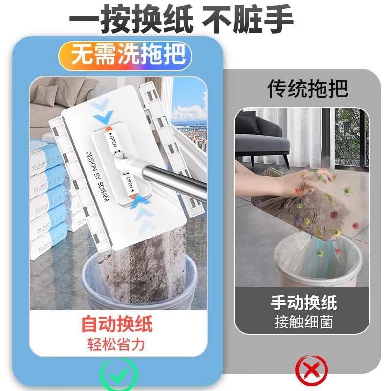 Sorbonne face towel flat mop 16cm telescopic pole 120cm household hand-free lazy mopping artifact clip cloth mop