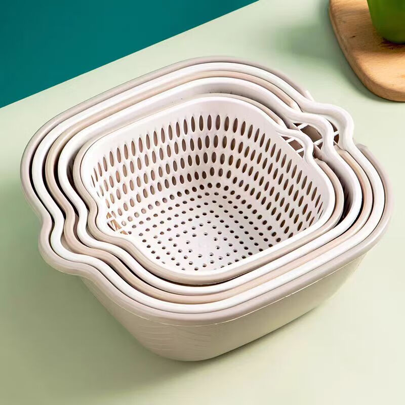 Double-layer drain basket, blue vegetable sink, household kitchen multi-functional large-capacity plastic fruit and vegetable bowl and chopsticks storage basin, large + medium + small 6-piece set