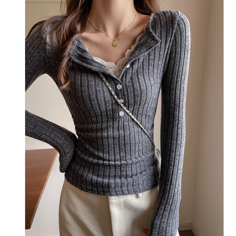 Dofinison American lace splicing design pitted right shoulder sweater T-shirt for women to wear with autumn and winter slim bottoming shirt top. Right shoulder top dark gray size M