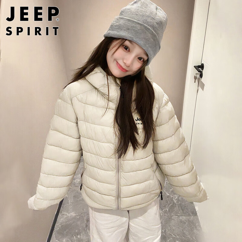 JEEP SPIRIT Jeep ribs down jacket for men and women, winter light and small duck down liner hooded jacket, off-white XL