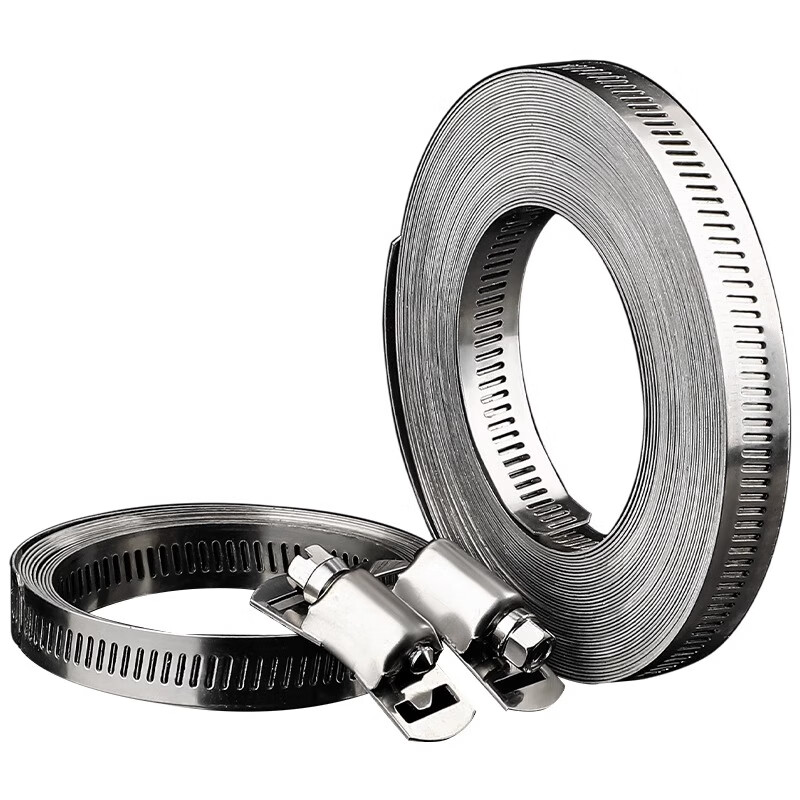 Tianzhuo Hardware 304 stainless steel homemade American hose hoop clamp large pipe clamp perforated steel tape pipe hoop coiled strap 304 tape reel 10 meters with 12 hoop heads