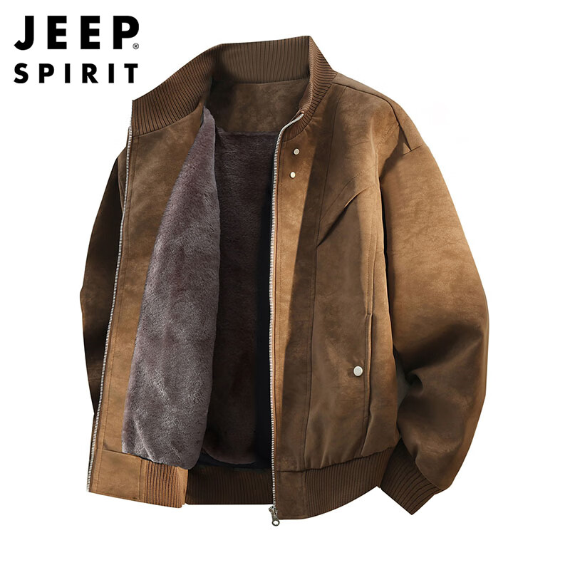 JEEP SPIRIT Jeep plus velvet thickened suede leather jacket men's autumn and winter high-quality jacket coffee plus velvet 2XL