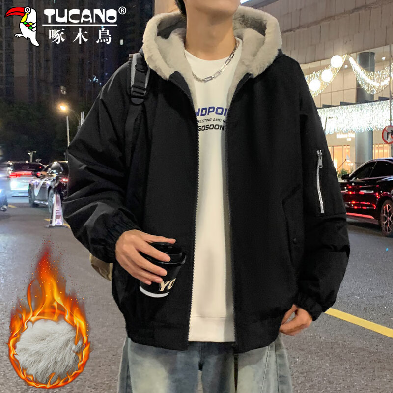 Woodpecker (TUCANO) jacket men's winter velvet thickened warm hooded jacket loose casual cotton clothes men's black L