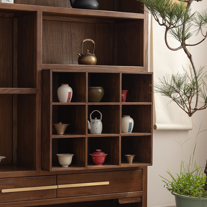 New Chinese style solid wood shelf Duobao Pavilion short Song style aesthetic tea room side cabinet bookcase tea set teapot display cabinet Northern elm walnut color 110x35x145cm