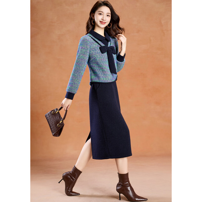 Kebel neckline bow design knitted skirt for women 2025 new winter imitation mink velvet contrasting color stitching two-piece set M