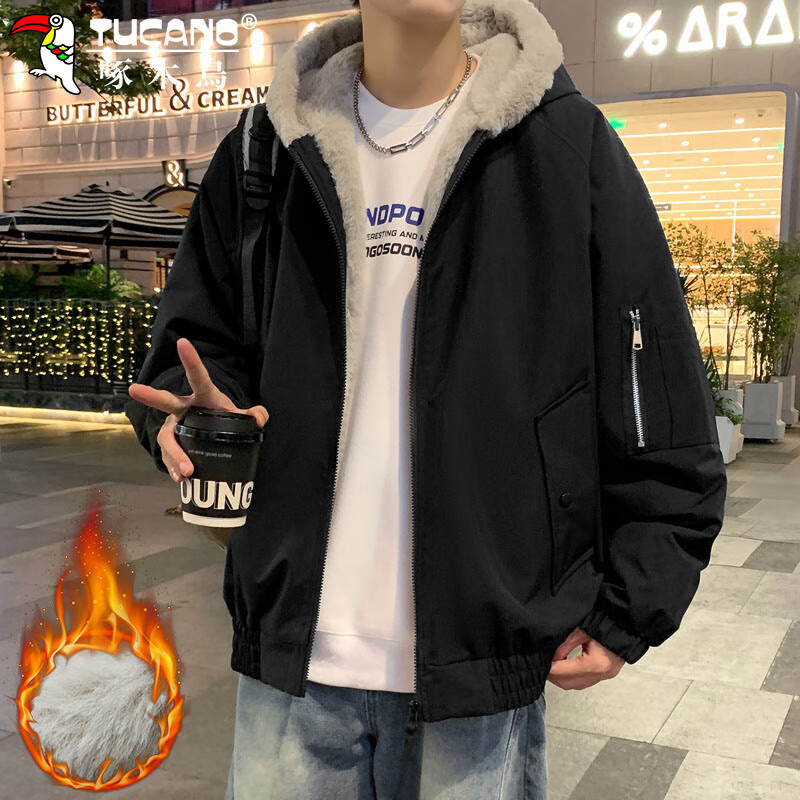 Woodpecker (TUCANO) jacket men's winter velvet thickened warm hooded jacket loose casual cotton clothes men's black L