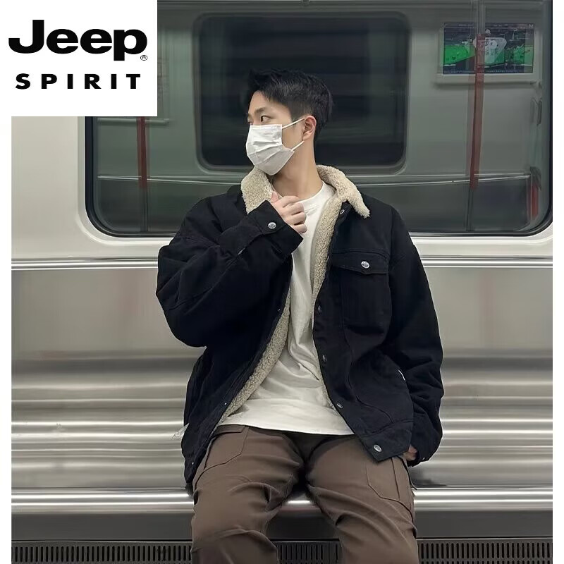 JEEP SPIRIT Autumn and Winter New Loose Lapel Denim Jacket Men's Casual Thickened Polar Fleece Jacket Top Cotton Clothes Upgraded Model 8662S Black L