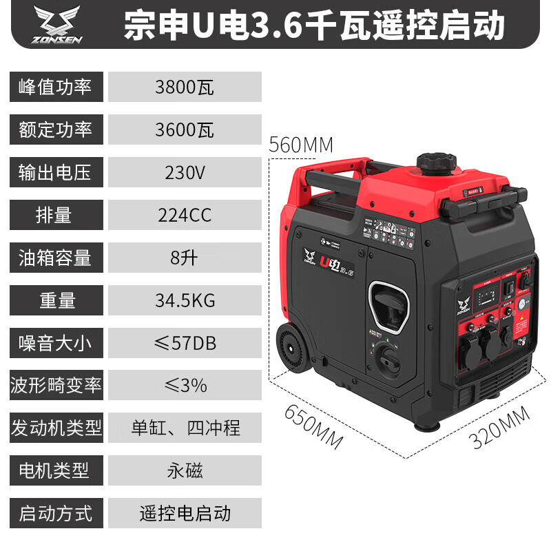 Zongshen silent variable frequency generator gasoline 220V home small stall outdoor camping new energy charging 36KW remote control start